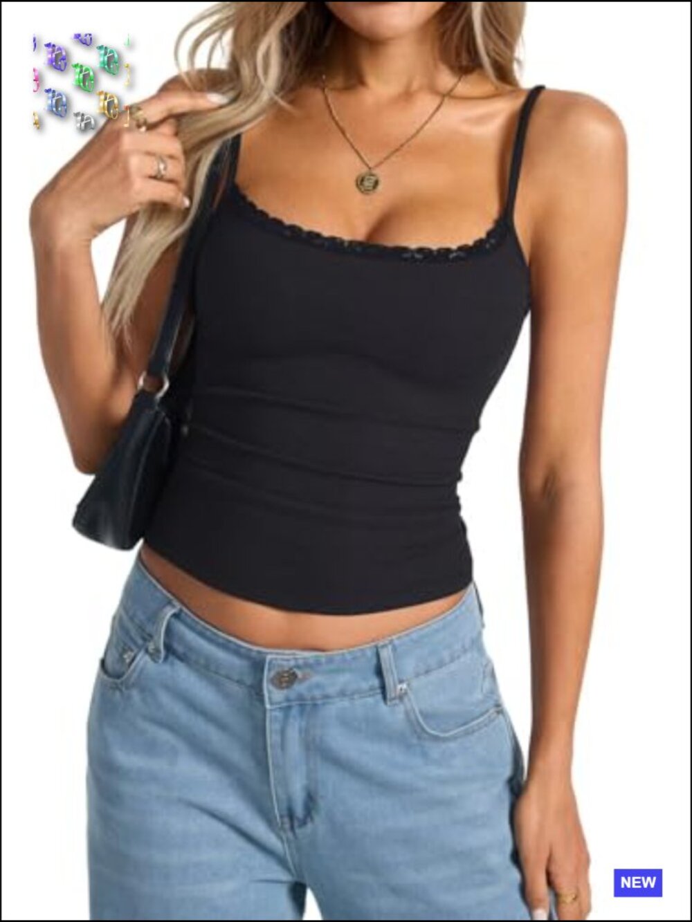 Sleeveless Ribbed Tank Top Square Neck Lace Trim Adjustable Spaghetti Straps - Picture 4 of 7